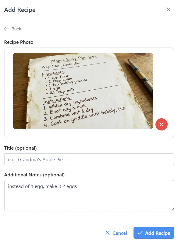 Add Recipe from Photo dialog showing uploaded recipe image with title and notes fields