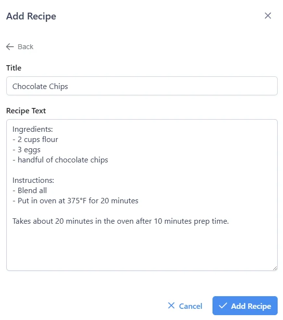 Add Recipe from Text dialog showing recipe title and text input fields