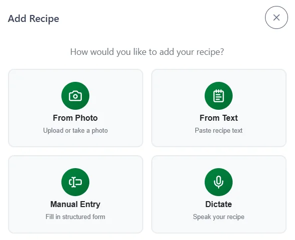Add Recipe dialog showing four options: From Photo, From Text, Manual Entry, and Dictate