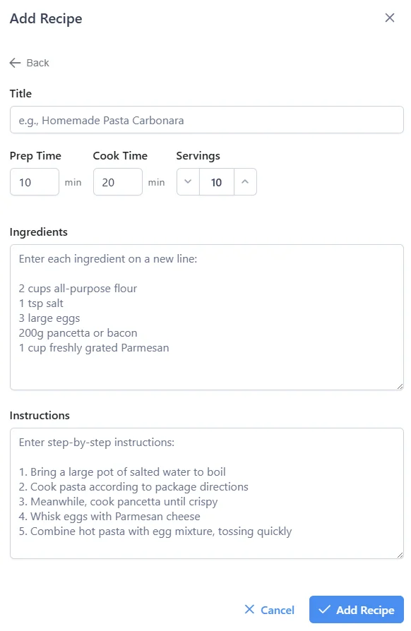 Manual recipe entry form with fields for title, prep time, cook time, servings, ingredients, and instructions