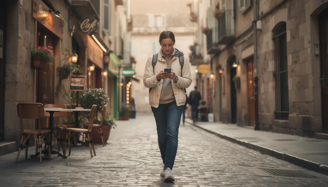 A traveler stands on a cobblestone street in a European city, focused on their phone as they check web pages and save articles for later. The scene captures the essence of digital life while exploring, highlighting the importance of bookmark managers for organizing links and managing bookmarks efficiently.