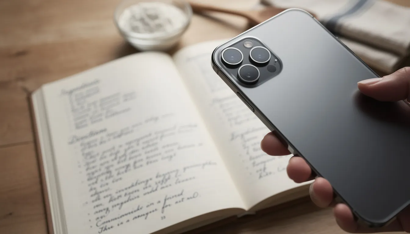 A smartphone camera is focused on an open cookbook displaying a handwritten recipe, capturing the details of the ingredients and cooking directions. This image illustrates the process of saving recipes and organizing favorite meals for easy access in meal planning.