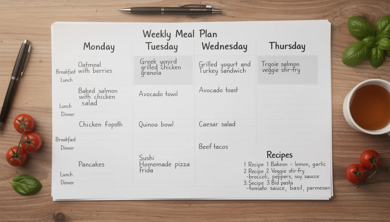 The image displays a weekly meal plan from Monday to Friday, featuring a variety of favorite meals and their corresponding recipes. It includes sections for grocery shopping, recipe ingredients, and notes, making it a helpful tool for organizing and saving recipes for the week ahead.