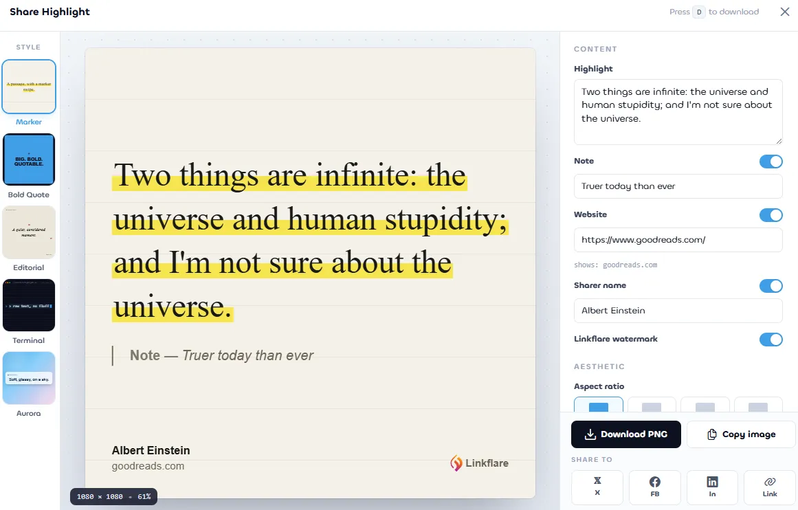 Share Highlight editor: live preview of a highlighted Einstein quote in the center, template thumbnails on the left, content and aesthetic configuration on the right