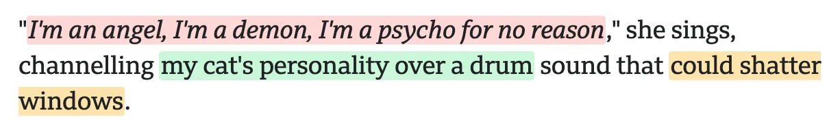 A paragraph of text with passages highlighted in yellow, green, and red