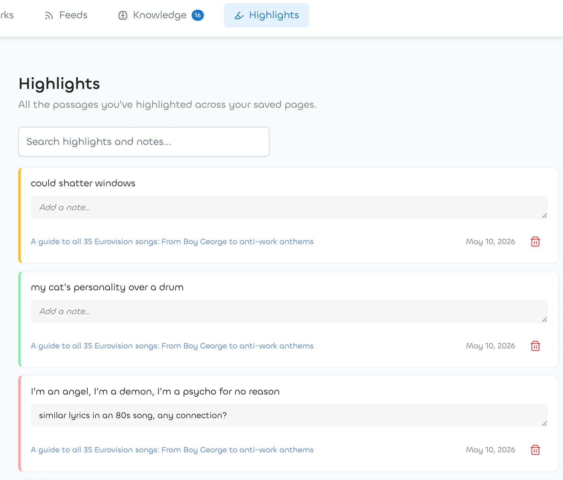 Highlights page hero — list of colored highlight cards with notes and source links