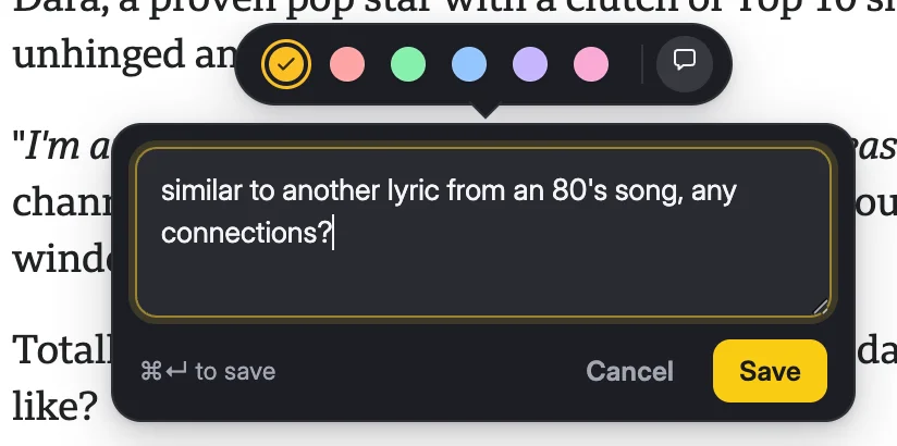 Expanded popover showing the six color swatches above a note text area with Cancel and Save buttons