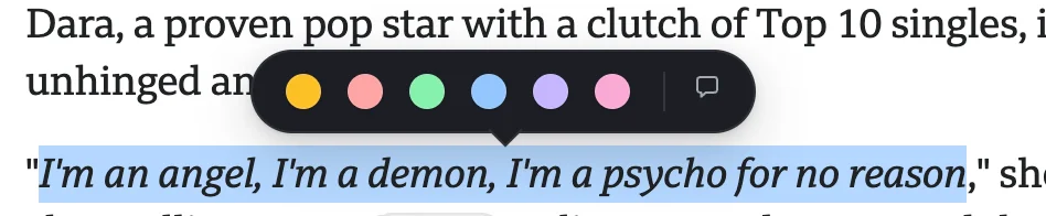 Selection toolbar with six color dots floating above selected text on an article
