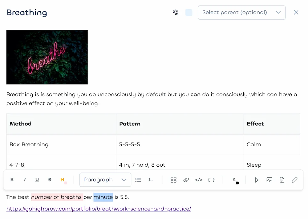 Knowledge card editor with rich content