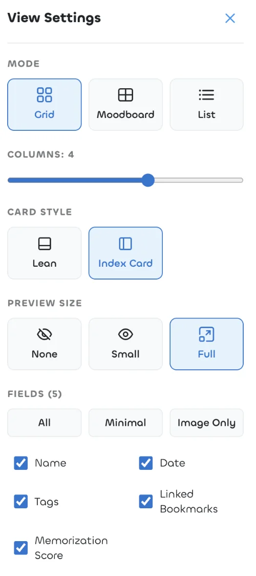 View settings dropdown for the knowledge view