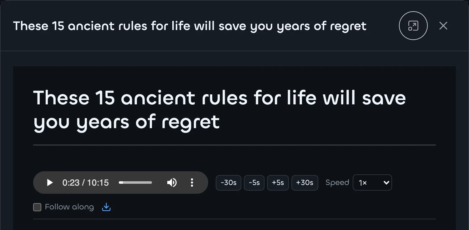 The Listen audio player at the top of a Linkflare article, with play, skip (±5s / ±30s), and speed controls