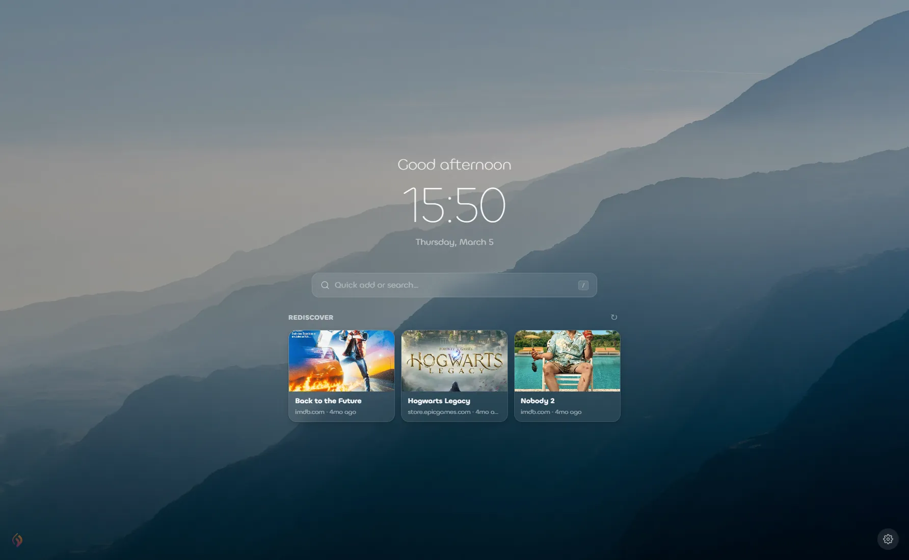 New Tab Minimal layout with a custom landscape background image