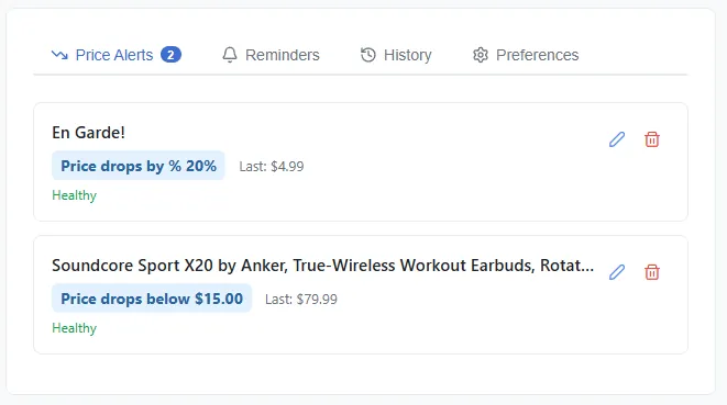 Notification Center showing the Price Alerts tab with active alerts