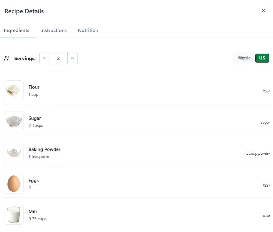 Recipe ingredients tab showing flour, sugar, baking powder, eggs, and milk with quantities and US/Metric toggle