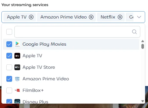 Der Streaming-Abschnitt in Linkflares Profileinstellungen mit einer Länderauswahl und einer Mehrfachauswahl von Streaming-Diensten wie Apple TV, Amazon Prime Video und Netflix