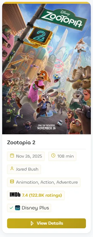 Ein Film-Lesezeichen für Zootopia 2 in Linkflare mit einer grünen „Disney Plus