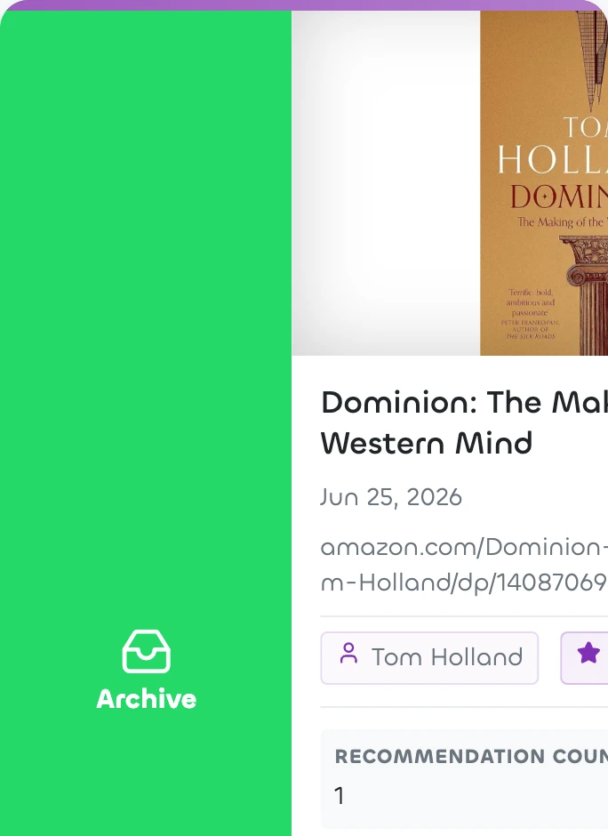 A bookmark card pulled fully to the right on a phone, revealing a green Archive panel with an inbox icon behind it