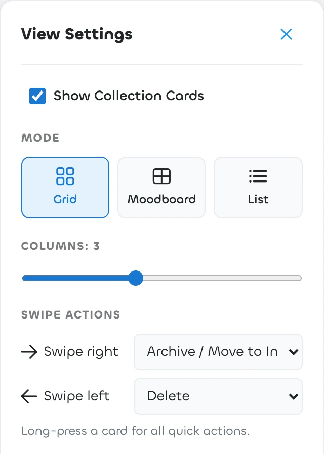 The View Settings panel showing a Swipe actions section, with Swipe right set to Archive / Move to Inbox and Swipe left set to Delete