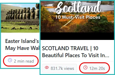 Reading time indicator showing estimated duration for articles and videos